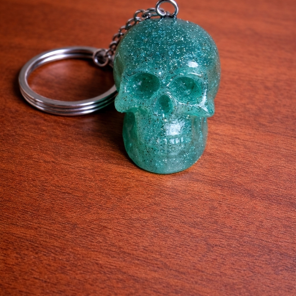 handmade resin Glittery Green Skull head  Keychain